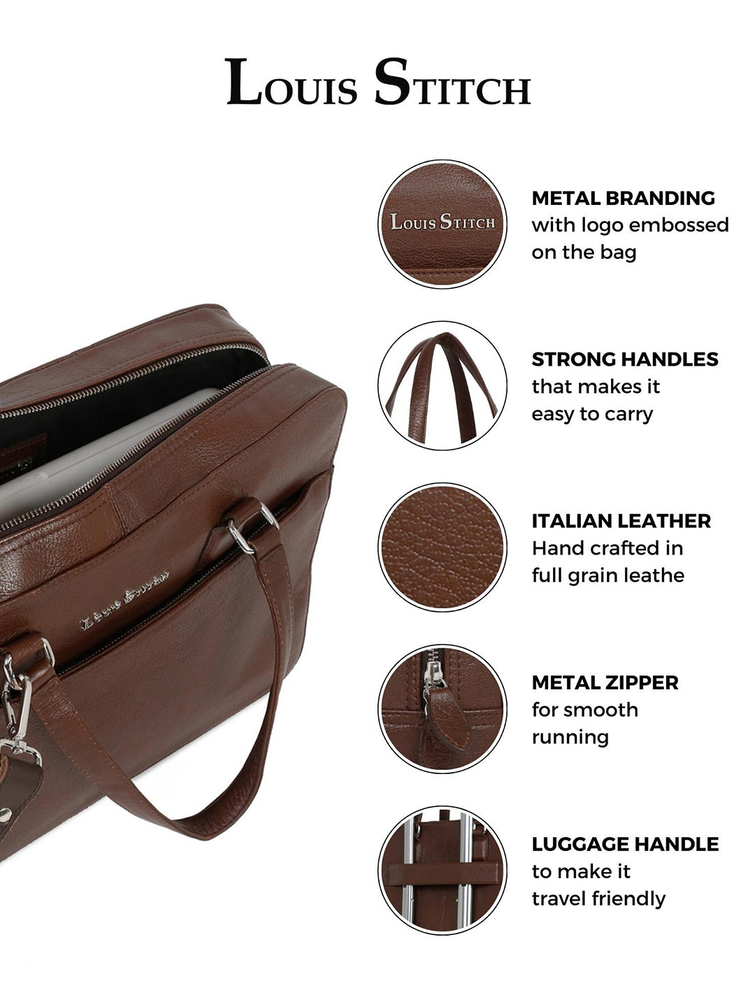 Men's Brown Italian Leather Laptop Bag Multifunctional Executive Briefcase with Shoulder Strap