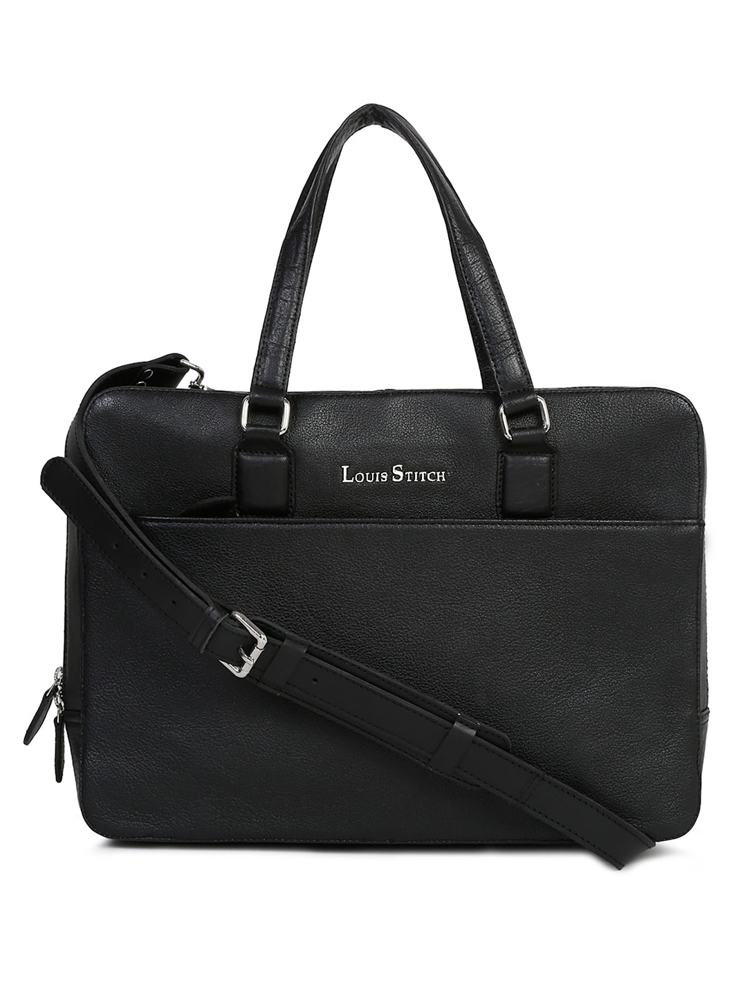 Men's Black Italian Leather Laptop Bag Multifunctional Executive Briefcase with Shoulder Strap