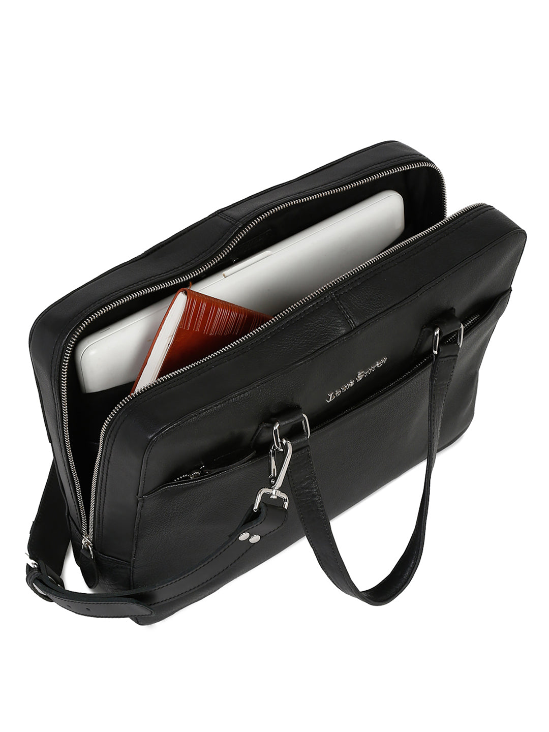 Men's Black Italian Leather Laptop Bag Multifunctional Executive Briefcase with Shoulder Strap