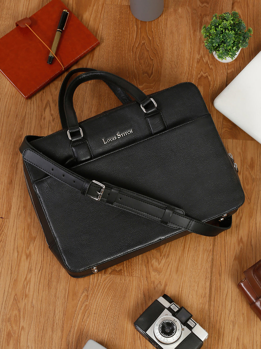 Men's Black Italian Leather Laptop Bag Multifunctional Executive Briefcase with Shoulder Strap