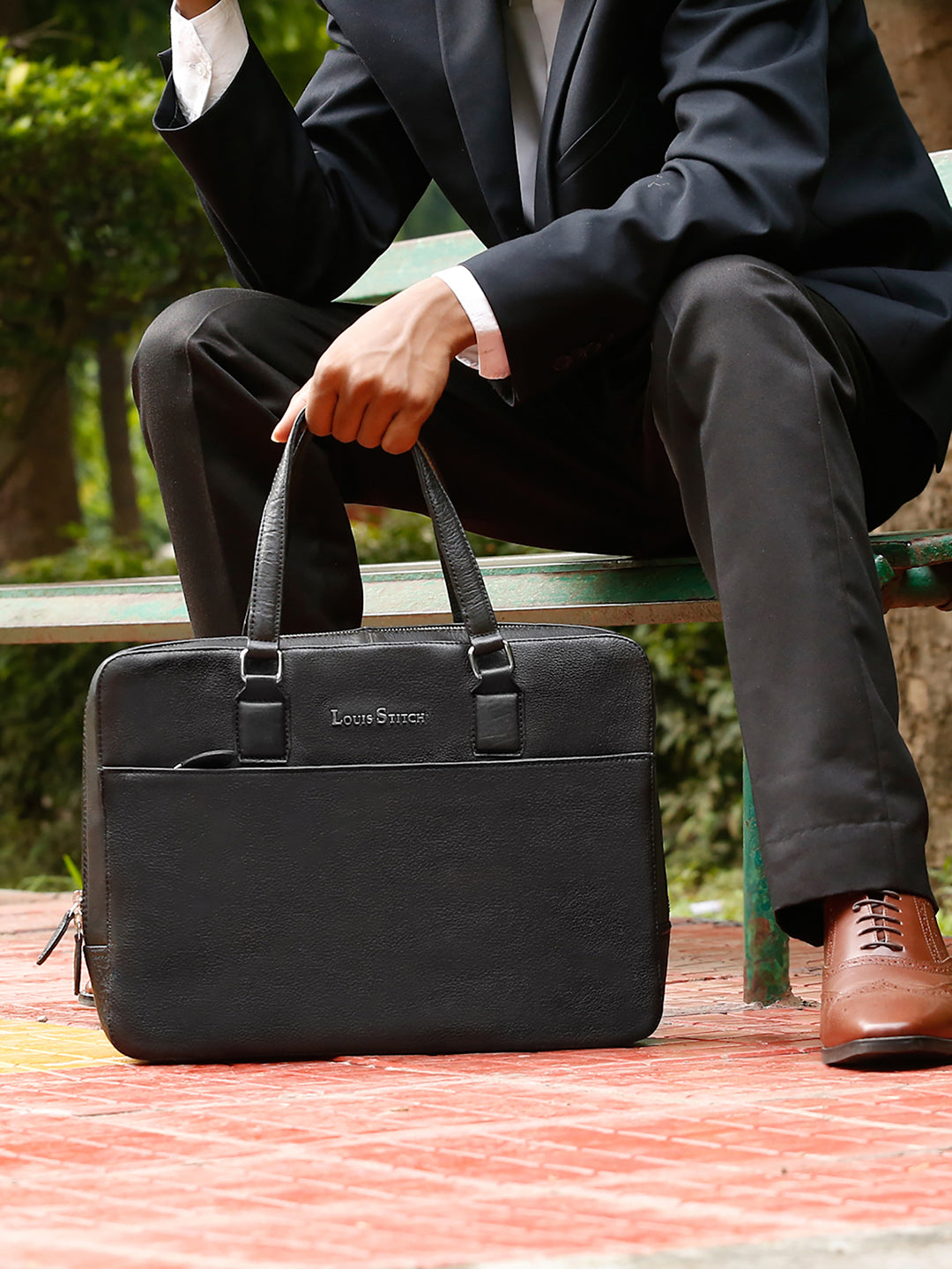 Men's Black Italian Leather Laptop Bag Multifunctional Executive Briefcase with Shoulder Strap