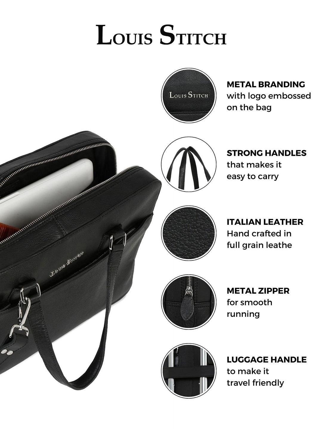 Men's Black Italian Leather Laptop Bag Multifunctional Executive Briefcase with Shoulder Strap