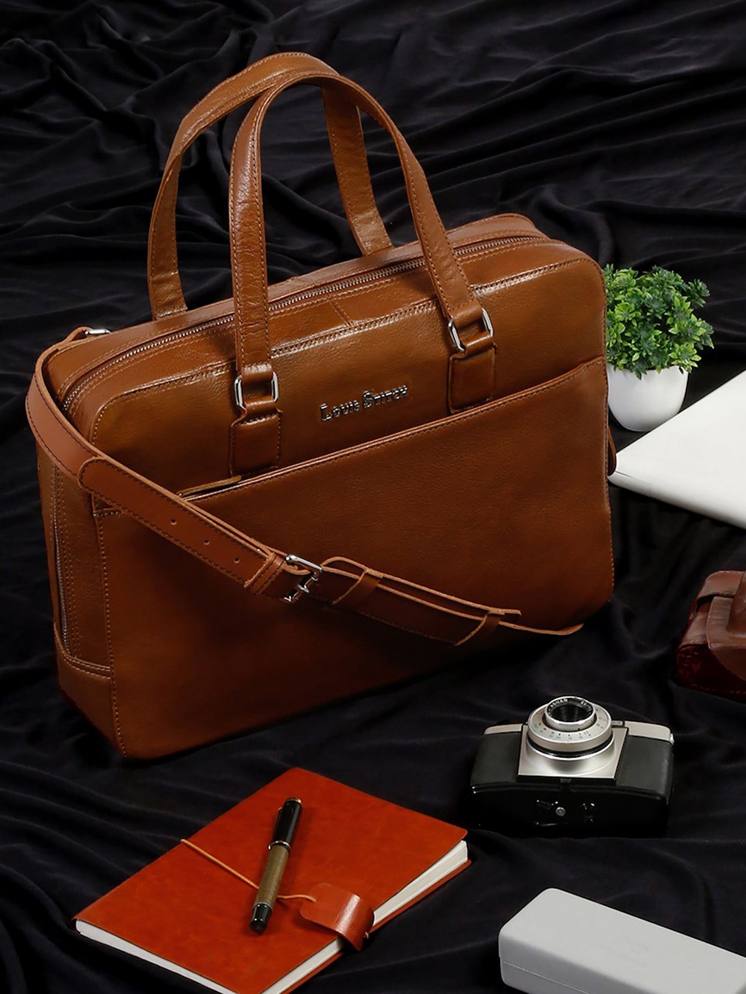 Men's Tan Italian Leather Laptop Bag Multifunctional Executive Briefcase with Shoulder Strap