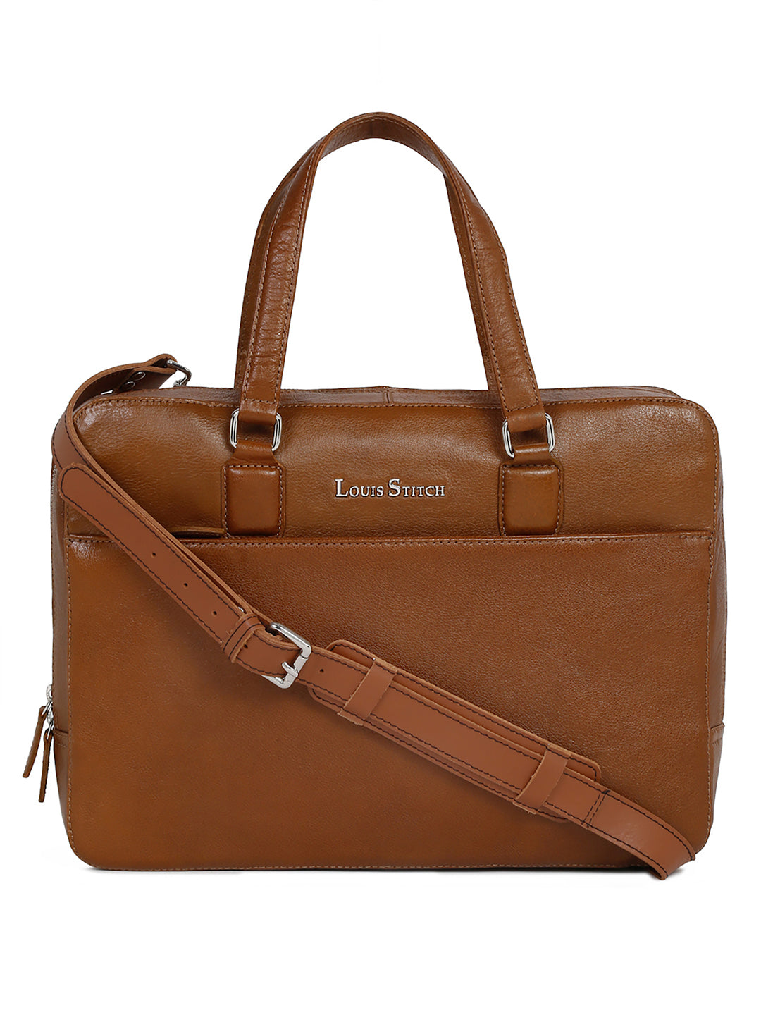 Men's Tan Italian Leather Laptop Bag Multifunctional Executive Briefcase with Shoulder Strap