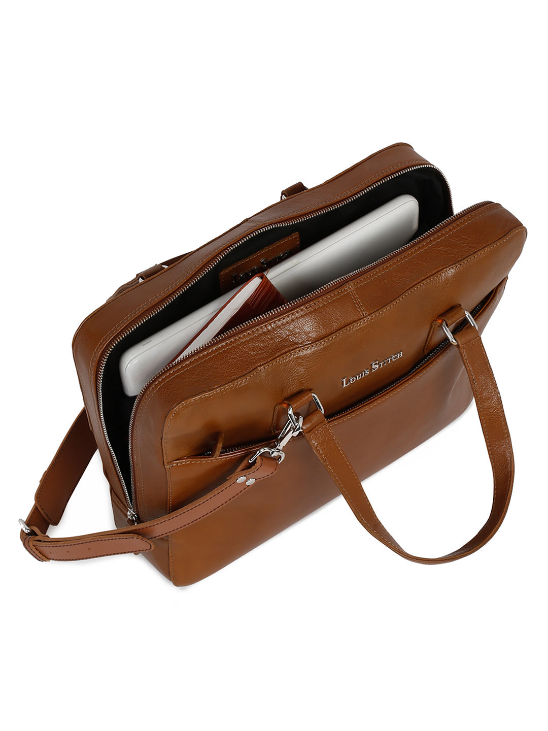 Men's Tan Italian Leather Laptop Bag Multifunctional Executive Briefcase with Shoulder Strap