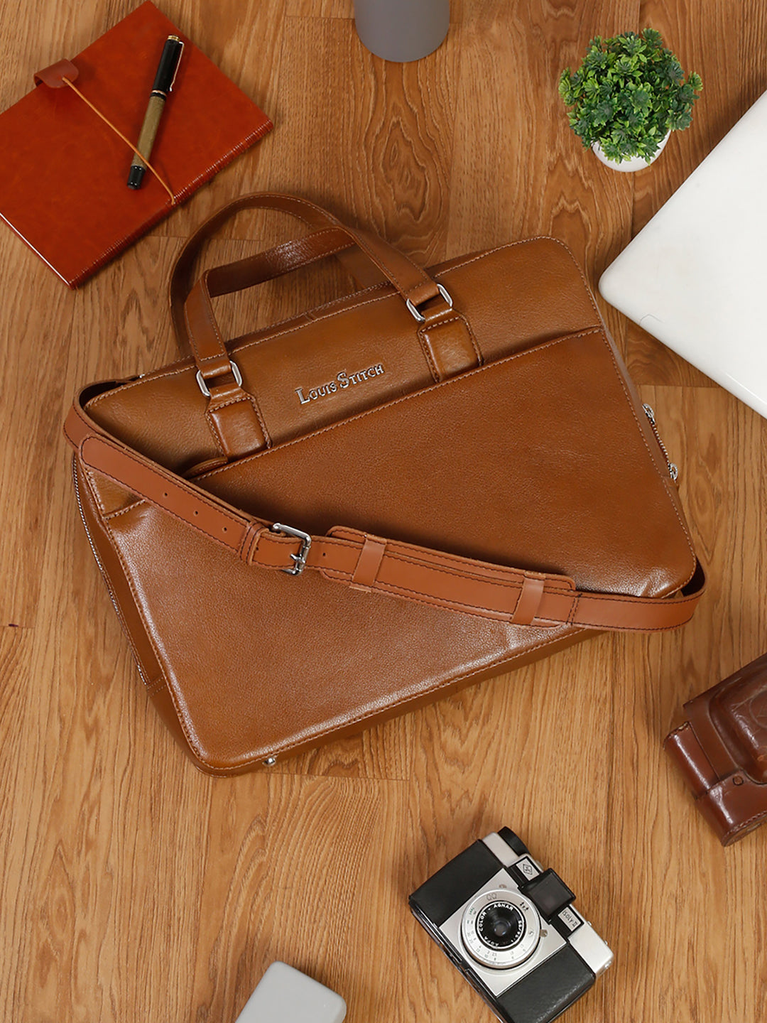 Men's Tan Italian Leather Laptop Bag Multifunctional Executive Briefcase with Shoulder Strap