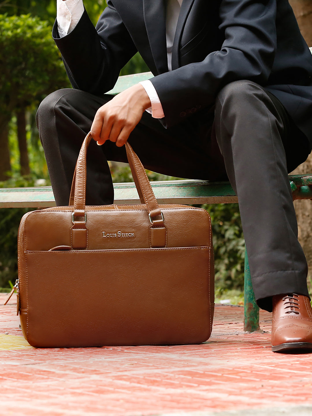 Men's Tan Italian Leather Laptop Bag Multifunctional Executive Briefcase with Shoulder Strap