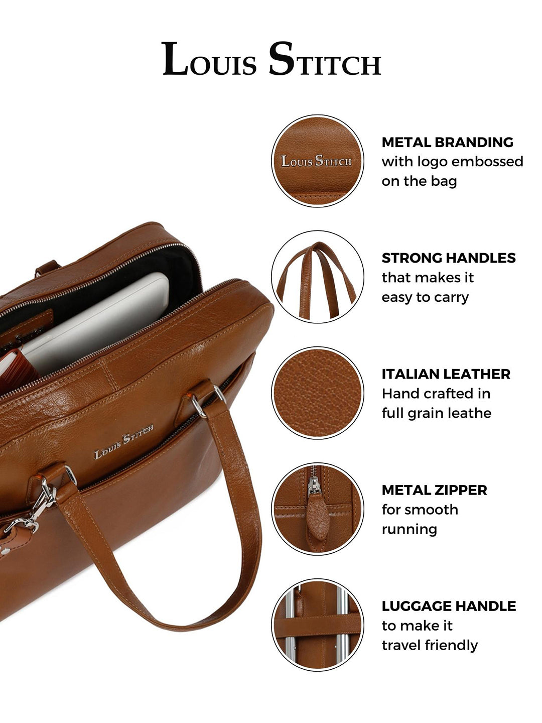 Men's Tan Italian Leather Laptop Bag Multifunctional Executive Briefcase with Shoulder Strap