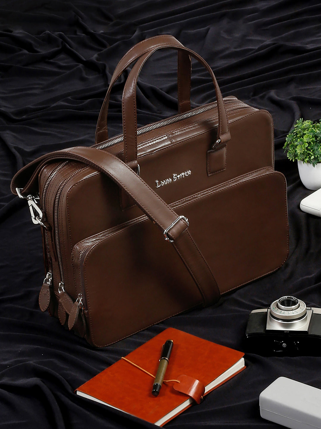 Men's Brown Italian Leather Laptop Bag Multifunctional Executive Briefcase with Shoulder Strap