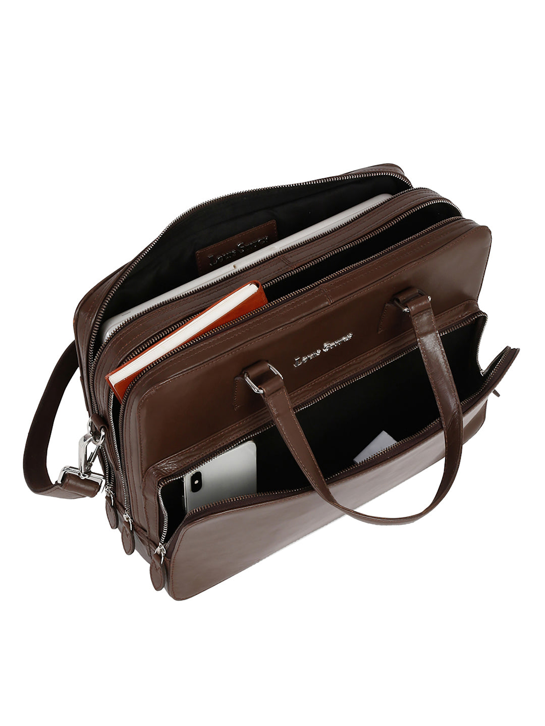 Men's Brown Italian Leather Laptop Bag Multifunctional Executive Briefcase with Shoulder Strap