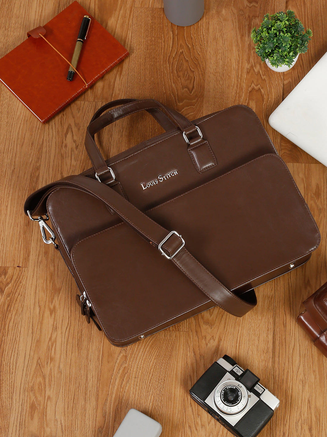 Men's Brown Italian Leather Laptop Bag Multifunctional Executive Briefcase with Shoulder Strap