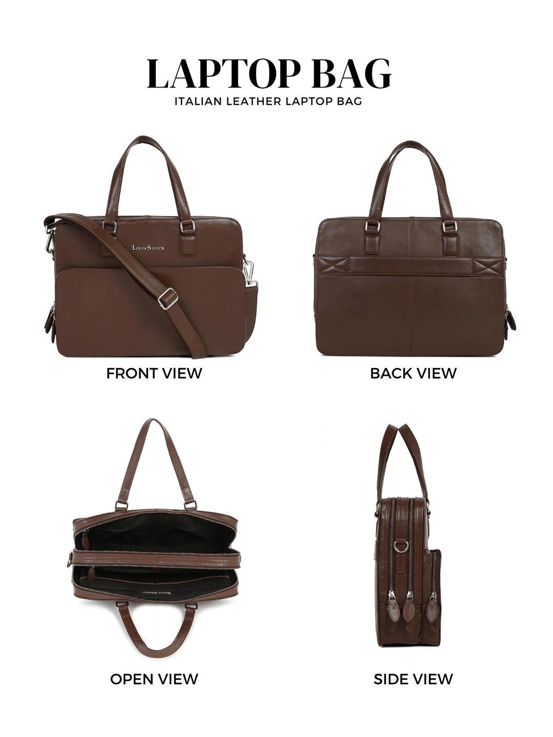 Men's Brown Italian Leather Laptop Bag Multifunctional Executive Briefcase with Shoulder Strap