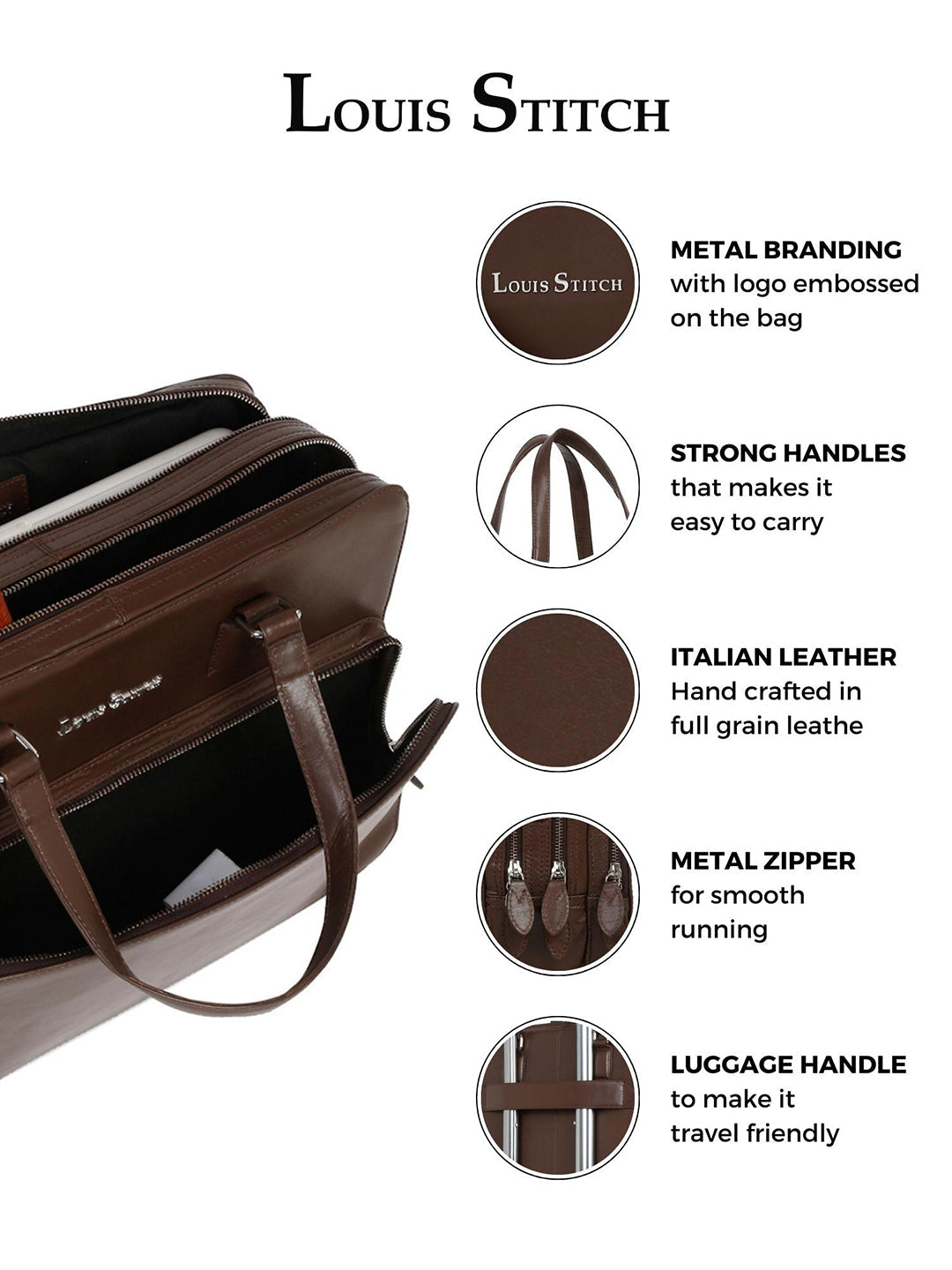 Men's Brown Italian Leather Laptop Bag Multifunctional Executive Briefcase with Shoulder Strap