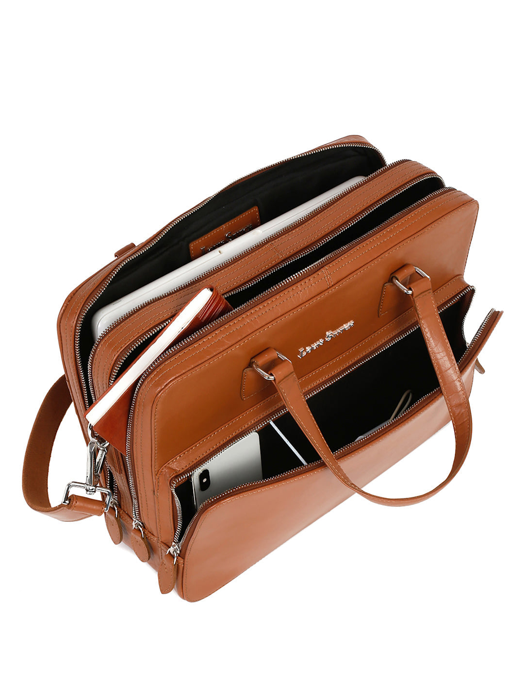 Men's Tan Italian Leather Laptop Bag Multifunctional Executive Briefcase with Shoulder Strap