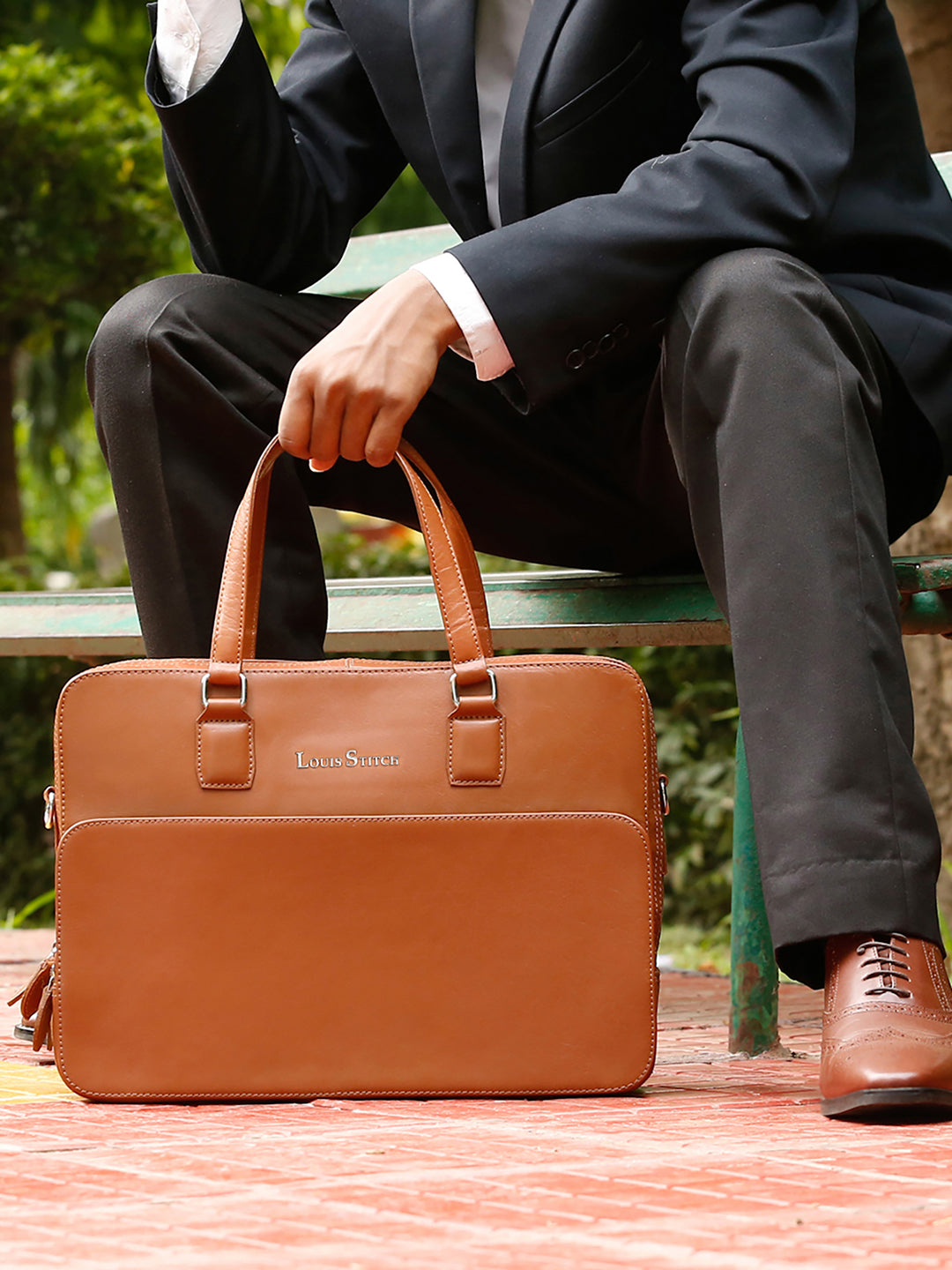 Men's Tan Italian Leather Laptop Bag Multifunctional Executive Briefcase with Shoulder Strap