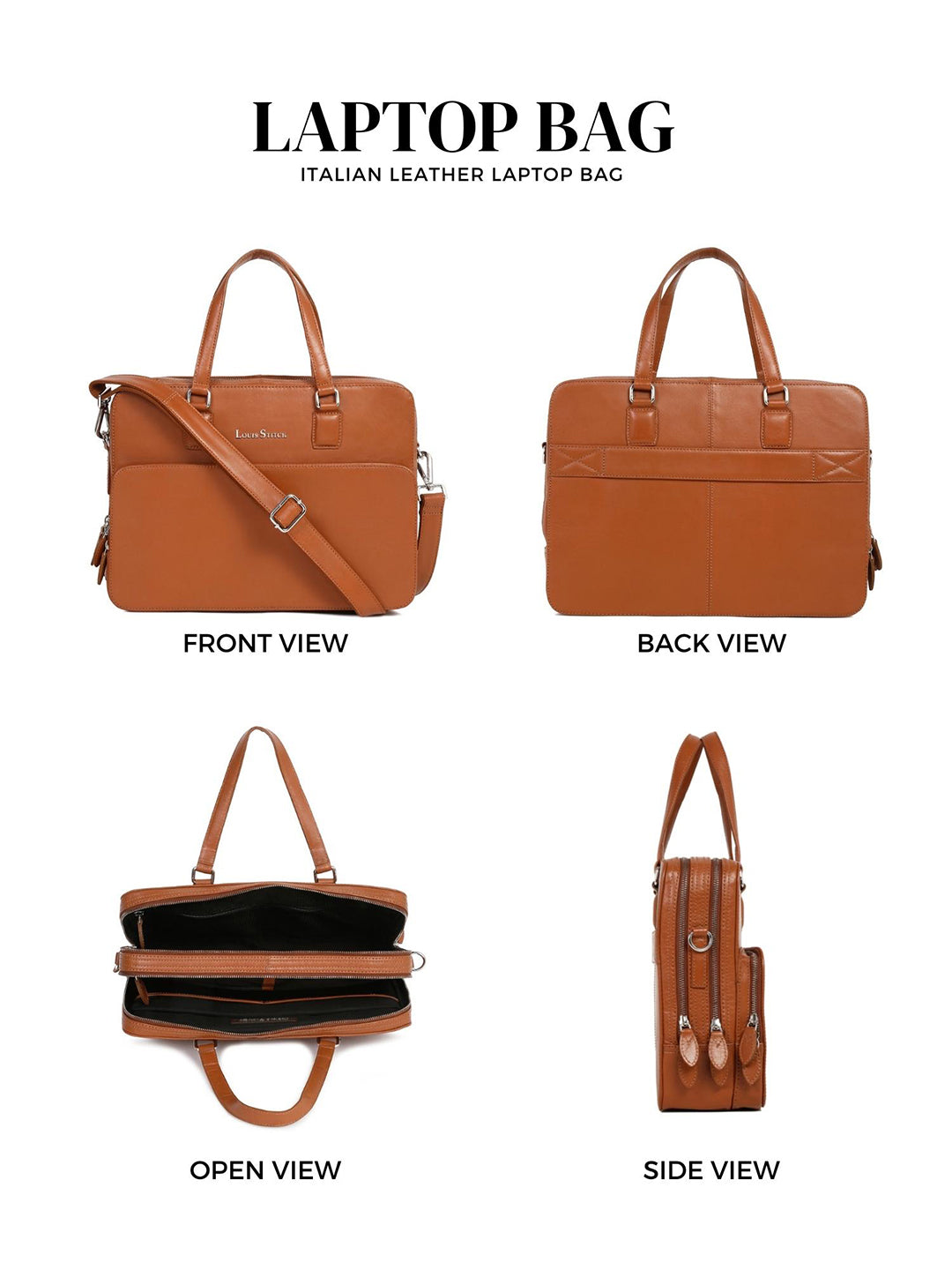 Men's Tan Italian Leather Laptop Bag Multifunctional Executive Briefcase with Shoulder Strap