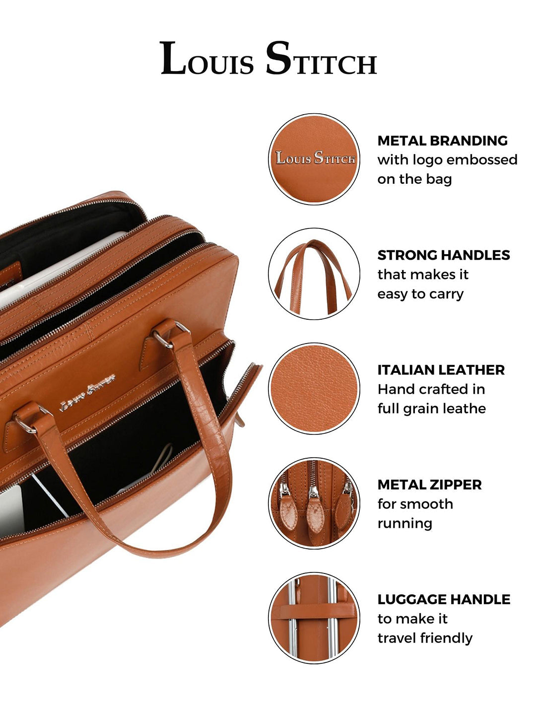 Men's Tan Italian Leather Laptop Bag Multifunctional Executive Briefcase with Shoulder Strap