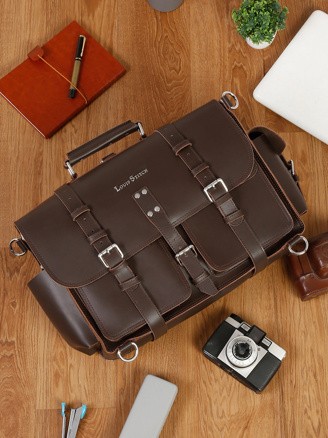 Men's Brown Italian Leather Laptop Bag Multifunctional Executive Briefcase with Shoulder Strap