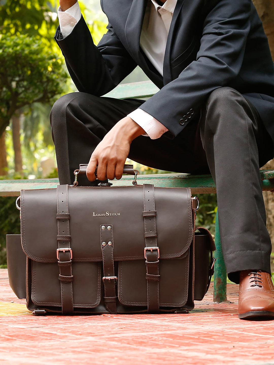 Men's Brown Italian Leather Laptop Bag Multifunctional Executive Briefcase with Shoulder Strap