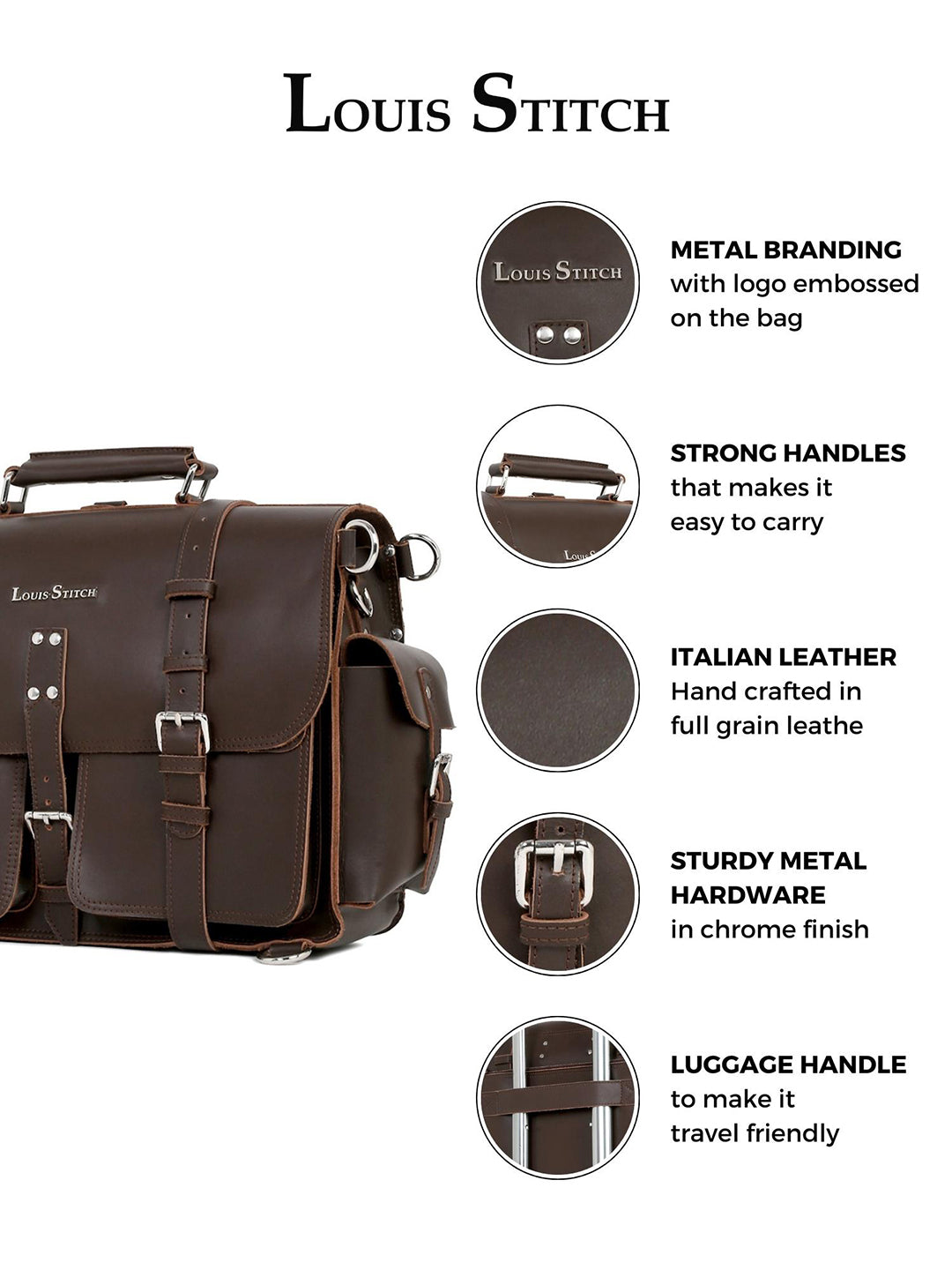 Men's Brown Italian Leather Laptop Bag Multifunctional Executive Briefcase with Shoulder Strap