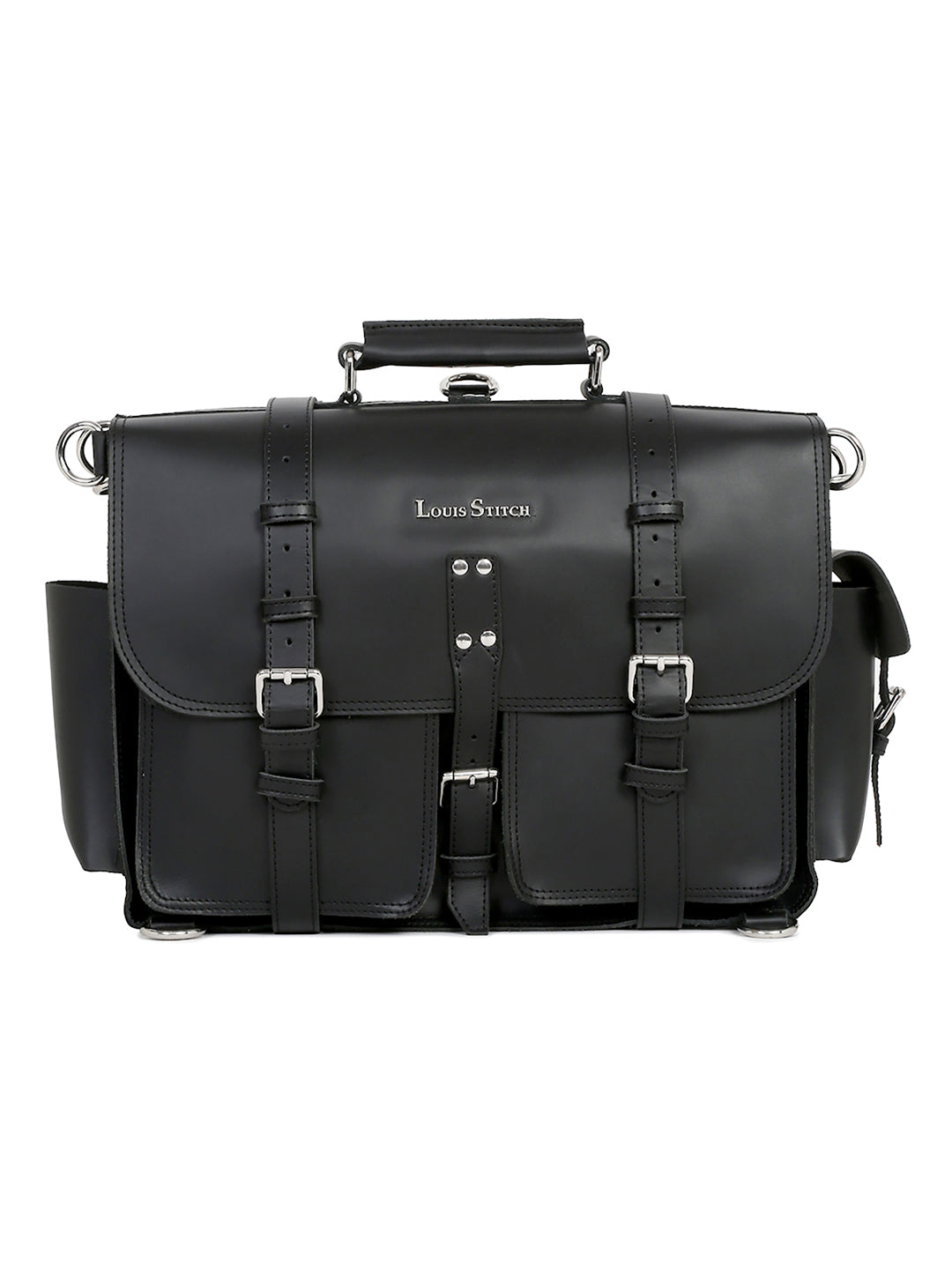 Men's Black Italian Leather Laptop Bag Multifunctional Executive Briefcase with Shoulder Strap