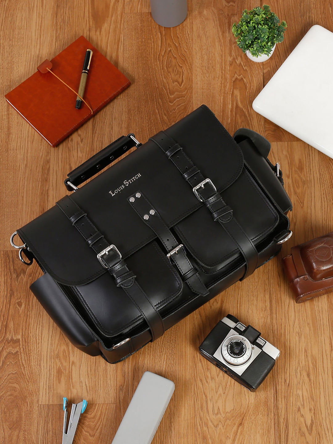 Men's Black Italian Leather Laptop Bag Multifunctional Executive Briefcase with Shoulder Strap