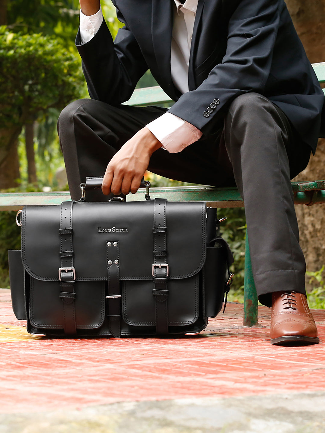 Men's Black Italian Leather Laptop Bag Multifunctional Executive Briefcase with Shoulder Strap