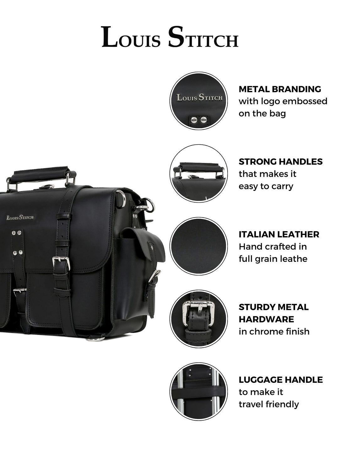 Men's Black Italian Leather Laptop Bag Multifunctional Executive Briefcase with Shoulder Strap