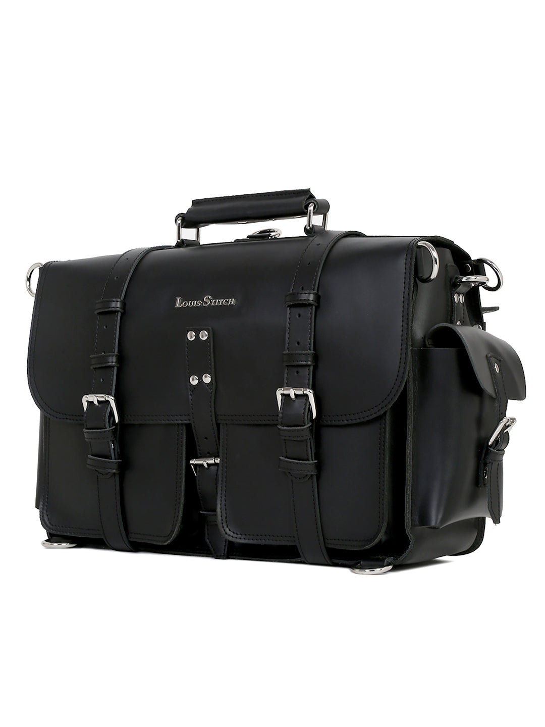 Men's Black Italian Leather Laptop Bag Multifunctional Executive Briefcase with Shoulder Strap