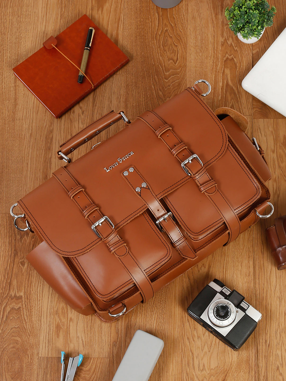 Men's Tan Italian Leather Laptop Bag Multifunctional Executive Briefcase with Shoulder Strap