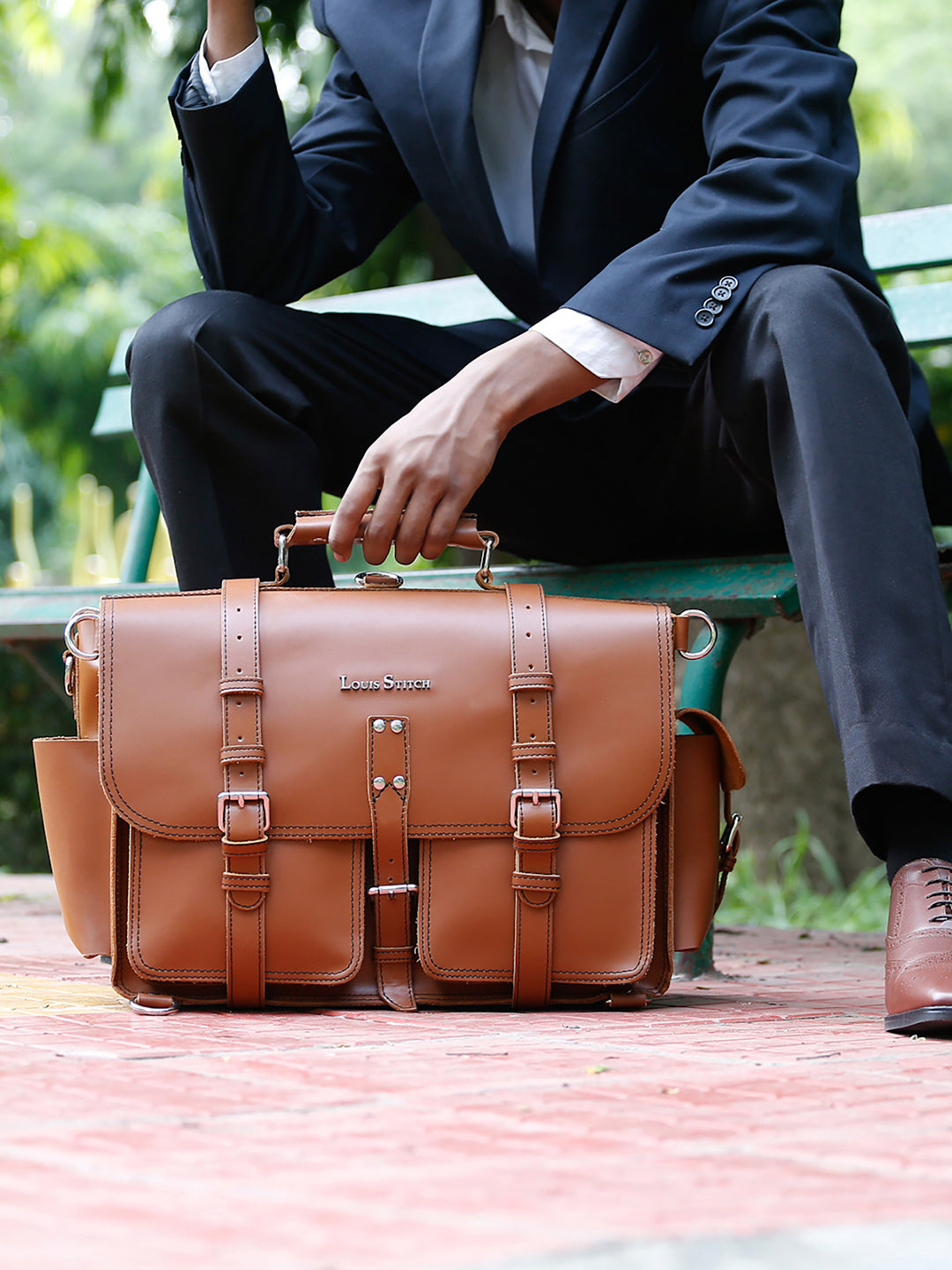 Men's Tan Italian Leather Laptop Bag Multifunctional Executive Briefcase with Shoulder Strap