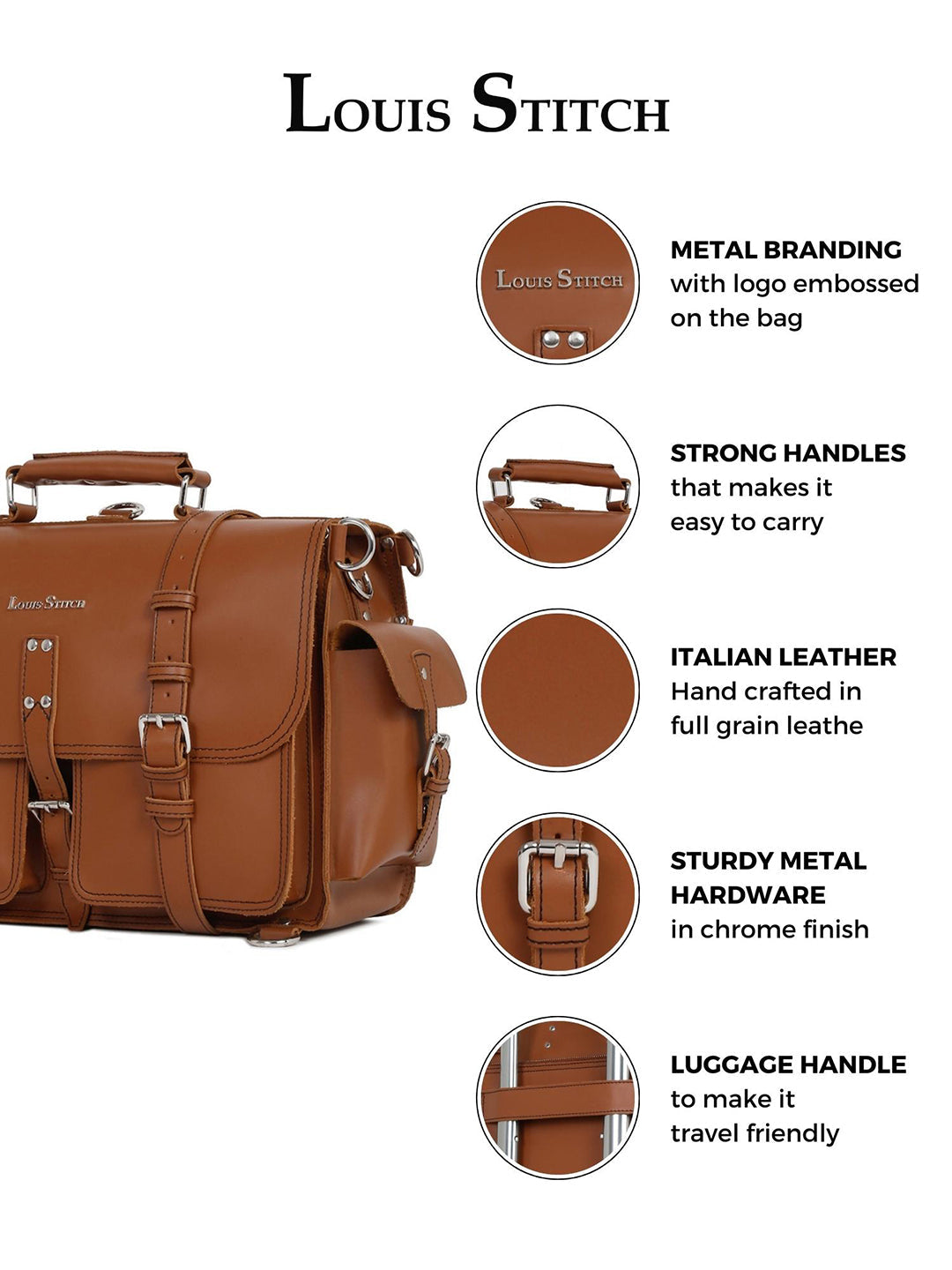 Men's Tan Italian Leather Laptop Bag Multifunctional Executive Briefcase with Shoulder Strap