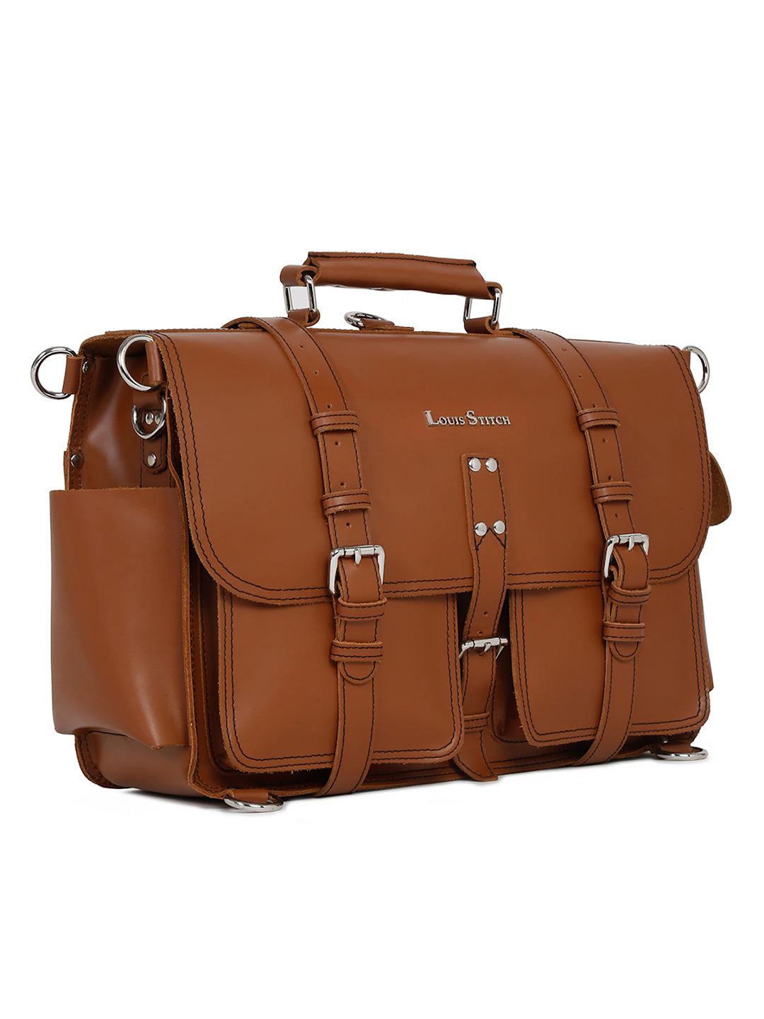 Men's Tan Italian Leather Laptop Bag Multifunctional Executive Briefcase with Shoulder Strap