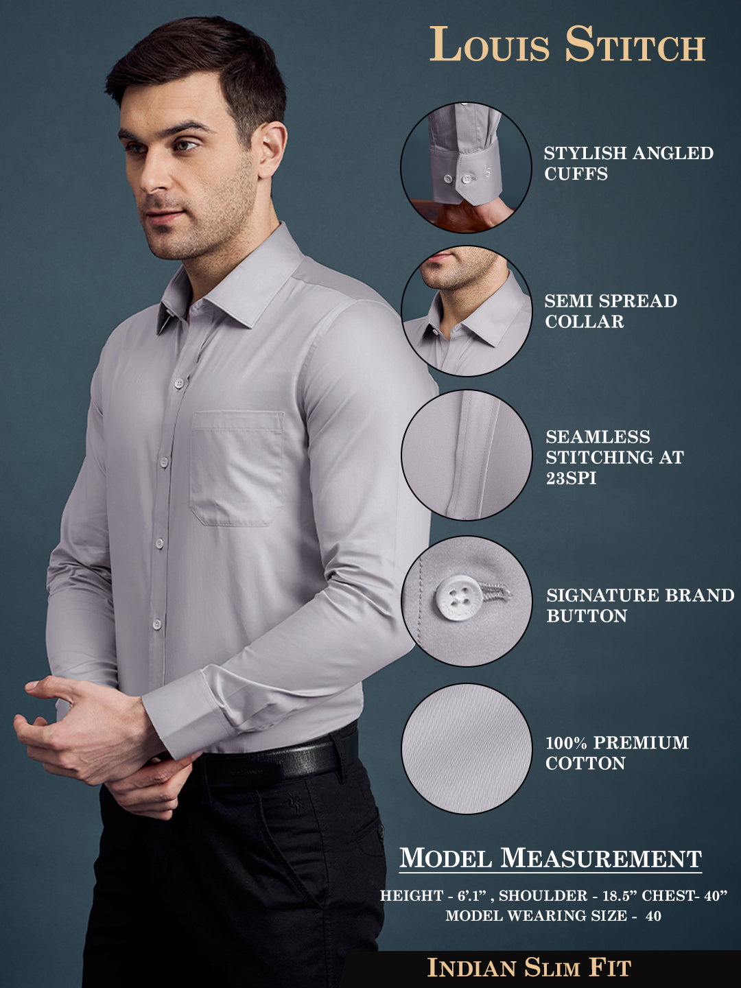 Men's Slim Fit Solid Grey Formal Shirt