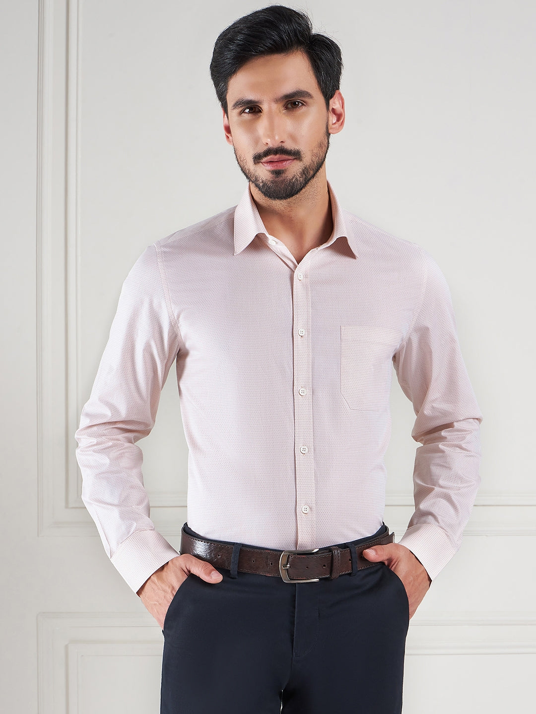 Regular Fit Geometric Peach Shirt For Men