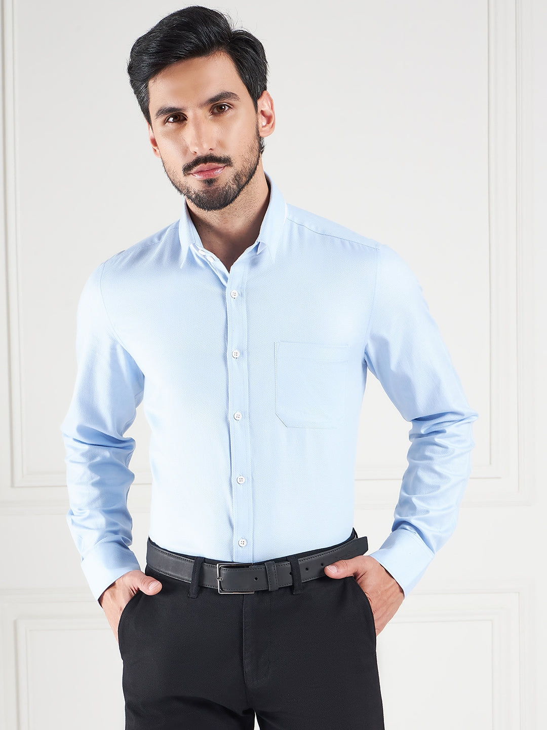 Regular Fit Textured Blue Shirt For Men