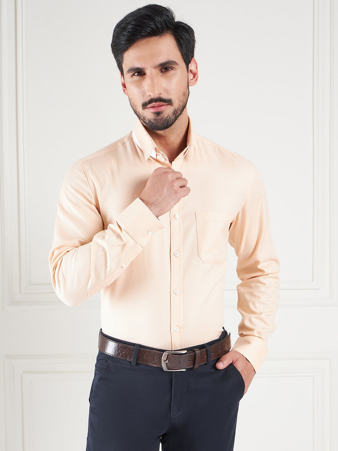 Regular Fit Textured Orange Shirt For Men