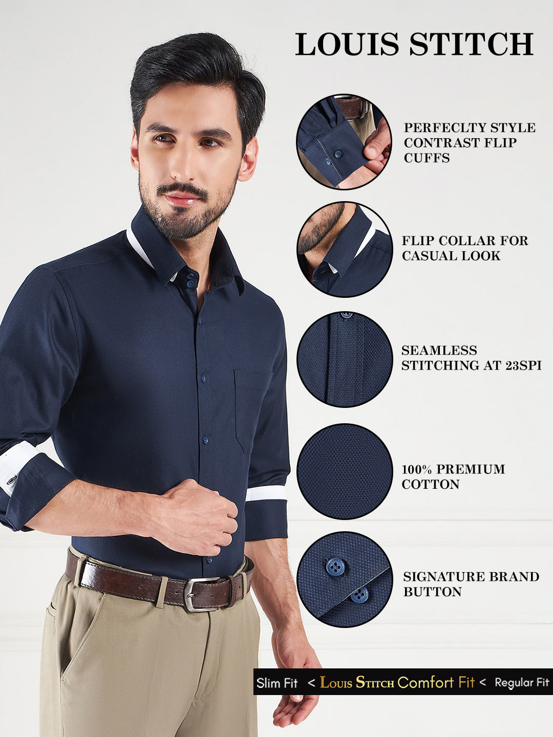 Regular Fit Textured Navy Blue Shirt For Men