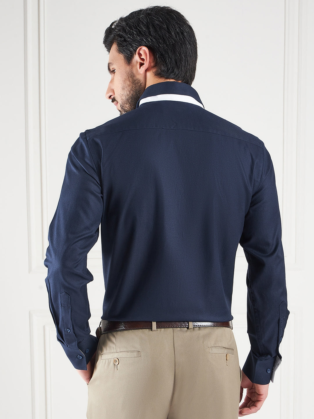 Regular Fit Textured Navy Blue Shirt For Men