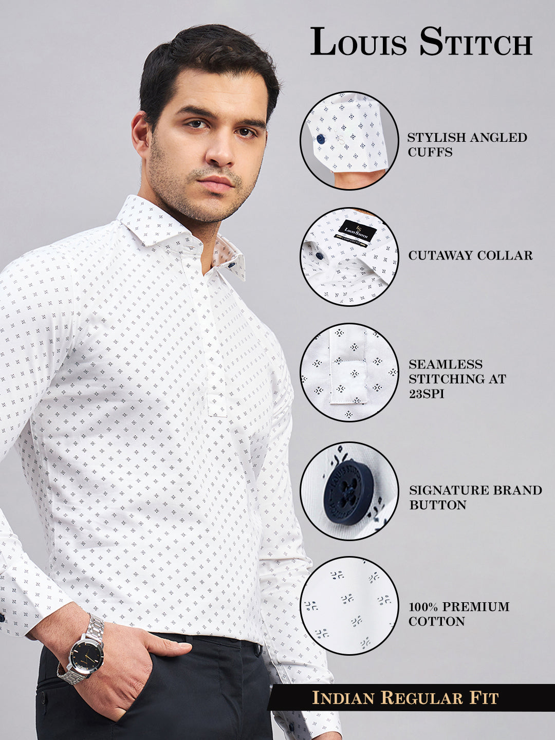 Regular Fit Semi Formal Geometric White Shirt For Men