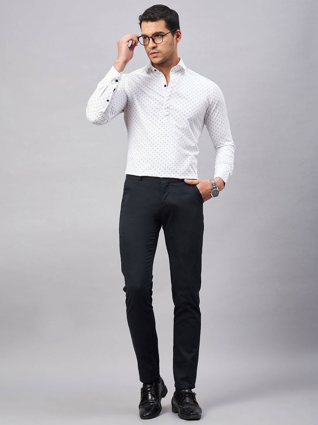 Regular Fit Semi Formal Geometric White Shirt For Men