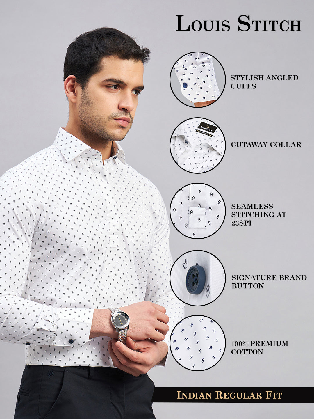 Regular Fit Semi Formal Geometric White Shirt For Men