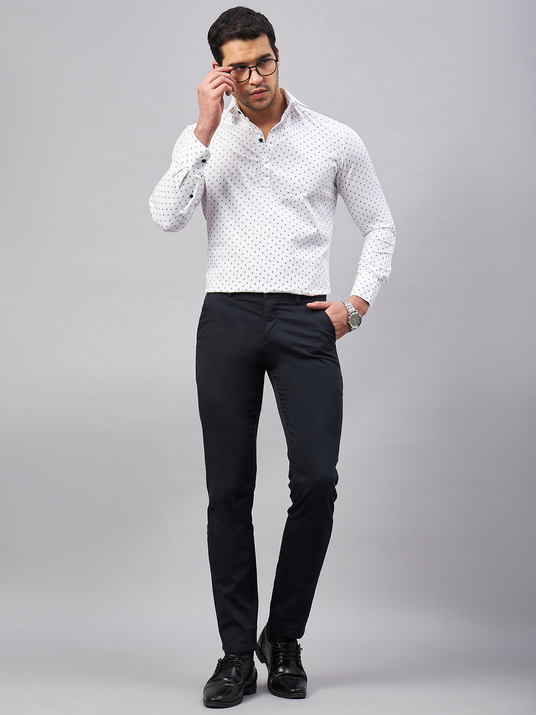 Regular Fit Semi Formal Geometric White Shirt For Men