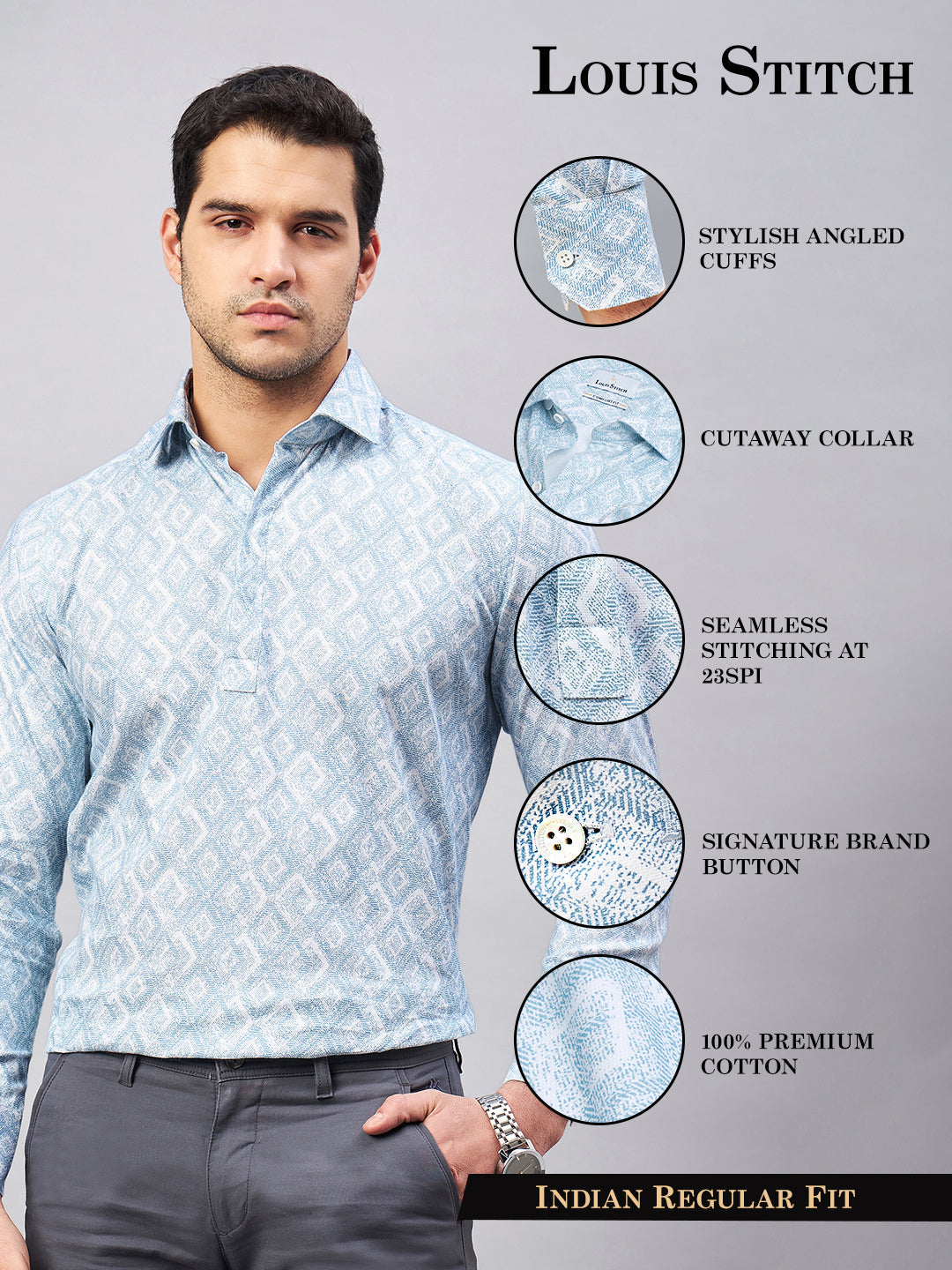 Regular Fit Semi Formal Graphic Blue Shirt For Men