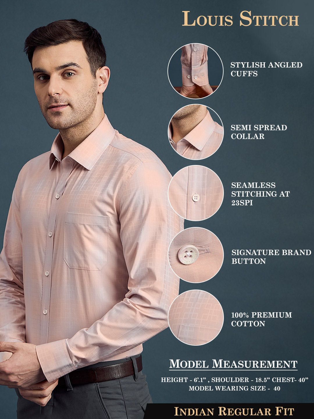 Men's Regular Fit Checkered Pale Orange Formal Shirt