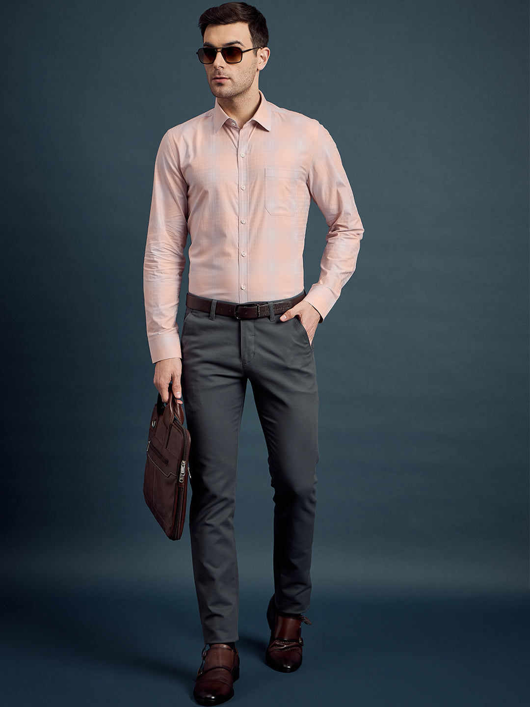 Men's Regular Fit Checkered Pale Orange Formal Shirt