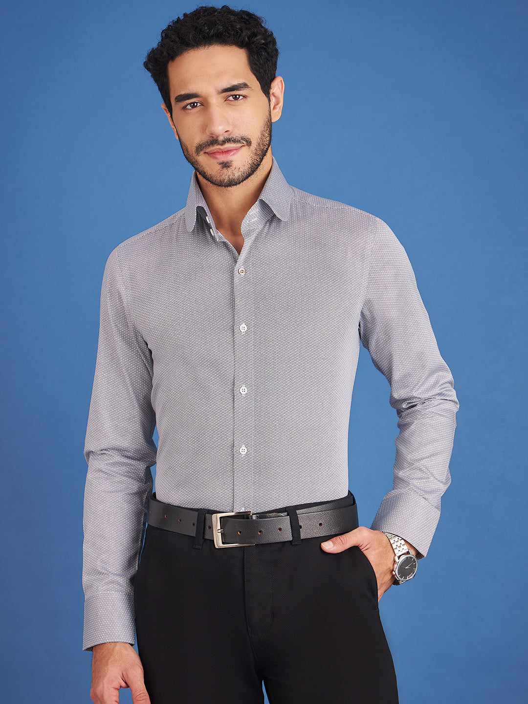 Regular Fit Formal Geometric Black Shirt For Men