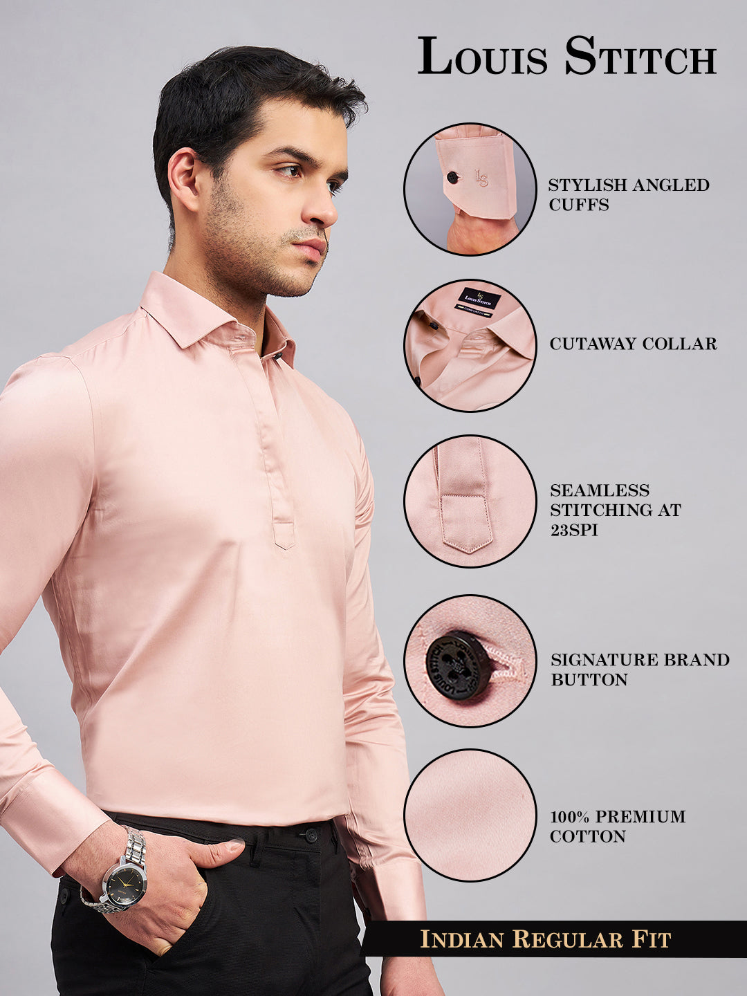 Regular Fit Semi Formal Solid Pink Shirt For Men