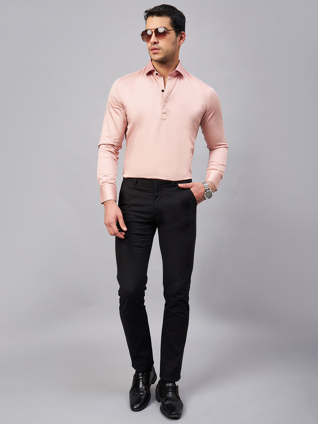 Regular Fit Semi Formal Solid Pink Shirt For Men