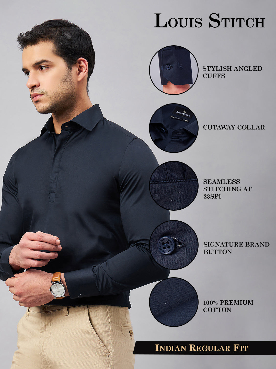 Regular Fit Semi Formal Solid Navy Blue Shirt For Men